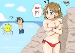 !? 1boy 1girls ?? amourshipping ash_ketchum beach beach_ball bikini blonde_hair blue_eyes blush bra bra_removed bracelet breasts cloud covering covering_breasts embarrassed lifebuoy mahoまほ navel nintendo ocean pidgey pikachu piplup pokémon_(species) pokemon pokemon_(anime) pokemon_(species) satoshi_(pokemon) serena_(pokemon) smile standing tagme topless unaware