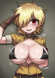 1girls big_breasts blonde_hair blush breasts breasts_outside dako dakosito eye_contact female female_focus female_only gloves hair_over_one_eye hellsing hellsing_ultimate looking_at_viewer military_uniform red_eyes seras_victoria short_hair upper_body visible_breath