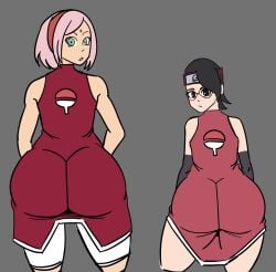 2girls alternate_ass_size ass big_ass black_hair boruto:_naruto_next_generations bubble_butt clothing daughter female female_only glasses huge_ass looking_at_viewer looking_back milf mother mother_and_daughter naruto pink_hair sakura_haruno sarada_uchiha thedomely thick_thighs wide_hips