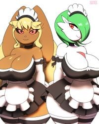 2girls anthro big_breasts breasts choker cleavage clothing female female_only gardevoir heart-shaped_pupils huge_breasts humanoid lagomorph looking_at_viewer lopunny maid maid_headdress maid_uniform pokémon_(species) pokemon pokemon_(species) rabbit smile thick_thighs thighhighs wide_hips zaviel