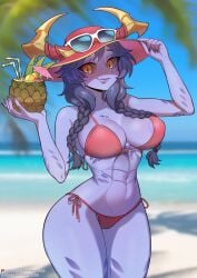 1girls abs alternate_version_available animal_humanoid areola areola_slip beach beverage bikini blue_hair body_markings braided_hair breasts dragon dragon_humanoid fang female hair hat horn hourglass_figure humanoid hybrid league_of_legends long_hair looking_at_viewer muscular muscular_female pineapple pool_party_shyvana purple_skin red_bikini riot_games scales shyvana solo strongbana sunglasses sunglasses_on_head thick_thighs thigh_gap video_games wide_hips yellow_eyes