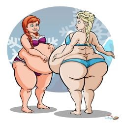 2girls anna_(frozen) ass bbw big_ass big_belly big_breasts bikini blonde_hair bra breasts cleavage curvy disney elsa_(frozen) fat fat_people_only female freckles frozen_(film) ginger hand_on_belly ilikapie large_ass obese overweight panties red_hair thick thick_thighs wide_hips