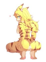 anthro anus ass blush breasts felid female fur genitals green_eyes hair hi_res lalamedli mammal mia_(world_flipper) nude pantherine pussy rear_view simple_background smile solo stripes tiger tongue white_background world_flipper yellow_body yellow_fur