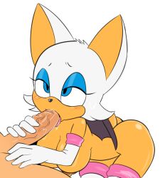 1boy 1girls 2019 anthro armwear ass bat bent_over big_breasts blue_eyes blue_eyeshadow blush breasts dizzytizzy elbow_gloves exposed_torso faceless_male fellatio female functionally_nude gloves hand_on_penis hi_res humanoid large_breasts large_penis legwear looking_up male manual nipples oral penis penis_in_mouth rouge_the_bat sega sonic_(series) sucking white_background white_hair