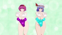 2girls animated ass blue_hair bouncing_breasts breasts exercise fat_ass female female_pubic_hair heels highleg_leotard lowres music myllokunmingia nintendo_moms_animation_(minus8) nude nude_female pasties pubic_hair pubic_hair_peek purple_hair pussy remilia_scarlet satori_komeiji short_hair sound squatting tagme touhou video