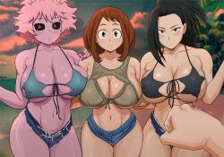 1boy 2022 3girls bikini black_eyes black_hair black_sclera breasts brown_eyes brown_hair denim denim_clothing denim_panties denim_shorts female female_focus hips huge_breasts jean_shorts krabby_(artist) large_breasts light-skinned_female light_skin long_hair male male_pov mina_ashido momo_yaoyorozu my_hero_academia ochako_uraraka outdoors pink_hair pink_skin ponytail pov short_shorts slim_waist thick_thighs thighs wide_hips yellow_eyes