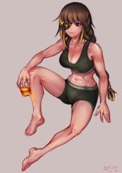 absurdres alcohol bangs barefoot black_eyes blonde_hair blush braid breasts briefs brown_hair cleavage cup drinking_glass eonsang eyepatch female girls'_frontline highres long_hair looking_at_viewer m16a1_(girls'_frontline) male_underwear navel scar sitting solo sports_bra underwear whiskey