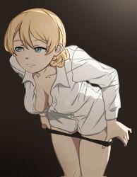 black_panties blonde_hair blue_eyes blush breasts cleavage closed_mouth darjeeling female french_braid girls_und_panzer huaro huaronanago large_breasts no_bra panties solo undressing white_shirt