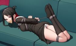 1girls arms_behind_back arms_tied_behind_back black_dress black_hair black_kneehighs bondage bound_ankles bound_arms bound_legs dress female_focus female_only femsub full_body gag gagged gbeeee hair_ribbon hogtie hogtied kaguya-sama_wa_kokurasetai_~tensai-tachi_no_renai_zunousen~ kneehighs long_sleeves looking_at_viewer looking_back lying on_stomach panties red_eyes red_ribbon ribbon school_uniform shinomiya_kaguya shuuchiin_academy_uniform solo solo_female tape_gag white_panties