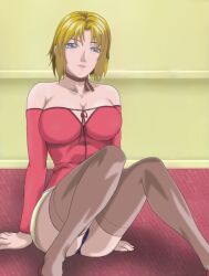 belt bible_black big_breasts blonde_hair blue_eyes breasts cross_earrings dress head_on kitami_reika kneeling lips neck_strap nipples open_hands shin_bible_black shoes skirt