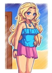 1girls blonde_hair blue_eyes blush blushing_at_viewer bracelet female female_only haley_(stardew_valley) light-skinned_female long_hair looking_at_viewer necklace no_nose pink_skirt skirt smile smiling smiling_at_viewer solo solo_female stardew_valley zetta_(artist)