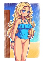 1girls blonde_hair blue_eyes blush blushing_at_viewer bottomless female female_only haley_(stardew_valley) light-skinned_female long_hair looking_at_viewer no_nose no_panties smile smiling smiling_at_viewer solo solo_female stardew_valley zetta_(artist)