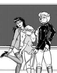 2022 anthro ass barely_visible_genitalia barely_visible_pussy bottomless breast_size_difference breasts chalkboard cheek_tuft clothed clothing debbie_frobisher ear_piercing eyewear facial_tuft footwear freckles genitals glasses greyscale group hand_on_hip high_heels holding_object human jacket jaque_smith jewelry legwear looking_at_viewer looking_back mammal monochrome mouse murid murine necklace nipples on_one_leg open_clothing open_jacket open_shirt open_topwear penny_pound piercing polar_bear pubes pussy rear_view rodent shirt size_difference smile socks standing stockings style_wager thigh_highs topwear translucent translucent_clothing translucent_shirt translucent_topwear trio tuft ursid ursine