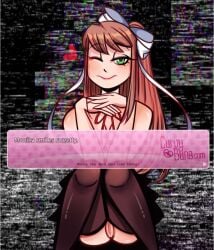 <3 <3_eyes animated black_thighhighs bow doki_doki_literature_club english english_text gif glitch glitching green_eyes heart heart-shaped_pupils heart_eyes long_hair monika_(doki_doki_literature_club) naked nightmare_waifu nude peace_sign pink_text_box ponytail red_hair red_heart red_ribbon solo solo_female solo_focus stockings text text_box text_prompt thighhighs video_game_character white_bow white_ribbon wink winking