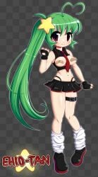 ahoge bandaids_on_nipples belly_piercing big_eyes breast_showing breasts breasts_out digital_media_(artwork) ehioanimations ehiotan gloves green_hair leg_strap miniskirt original_character ponytail red_eyes socks socks_and_shoes thong_above_skirt thong_straps tie