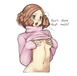 1girls atlus blush breasts brown_eyes brown_hair covered_nipples curly_hair dialogue embarrassed embarrassed_female embarrassment english_text female female_focus female_only flashing floofy_hair fluffy_hair haru_okumura nipples_covered no_bra open_mouth persona persona_5 pink_skin red_cheeks sega shy shy_expression solo solo_female splayta stomach sweater sweater_lift text undressing wavy_hair white_background