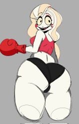 1girls ass big_ass booty_shorts boxing_gloves charlie_morningstar_(hazbin_hotel) clothing demon demon_girl female female_only gloves hazbin_hotel huge_ass looking_at_viewer looking_back red_boxing_gloves red_gloves shorts smile solo straight_hair tank_top thedomely thick_thighs wide_hips