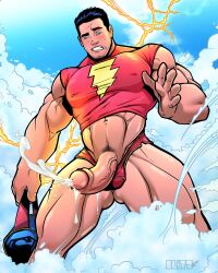 billy_batson blitzturner boner crop_top cum cumming dc dc_comics embarrassed erect_penis erection gym_bag hands-free hard_on in_the_air in_the_sky male male_only muscles muscular muscular_male penis_out shazam superhero surprised uncut veiny_penis