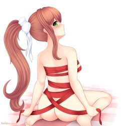 1girls ass blush bow breasts brown_hair butt doki_doki_literature_club eroneko eroneko-senpai female green_eyes hair hair_bow hair_ribbon long_hair looking_at_viewer looking_back looking_over_shoulder monika_(doki_doki_literature_club) naked no_clothes nude ponytail red_ribbon red_ribbons ribbon ribboned_body ribbons smiling solo solo_female thighs white_bow