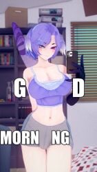 1futa 3d belly_button big_breasts breasts bulge claws clothed dragon_claws dragon_horns dragon_tail fully_clothed futanari good_morning heterochromia koidragoon koikatsu large_breasts meme navel nijisanji nijisanji_en nipple_outline phone purple_hair selen_tatsuki selfie shorts tagme thin_waist virtual_youtuber vtuber