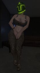 3d bare_shoulders bracelet cleavage collar commissioner_upload covered_navel erect_nipples female_focus female_only femsub grand_theft_auto grand_theft_auto_online gta_online_female_character helmet high_heels huge_breasts leggings masked_female navel nipple_piercing no_bra peteypelly shirt_down solo