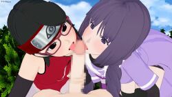 1boy 2girls black_eyes black_hair blowjob blowjob_only blush blushed boruto:_naruto_next_generations censored censored_penis clothing collaborative_fellatio fellatio female kakei_sumire kunoichi licking_penis long_hair multiple_girls naruto naruto_(series) ninja oral_sex purple_clothing purple_eyes purple_hair red_bandana red_clothing red_glasses sarada_uchiha small_breasts teamwork threesome tongue tongue_out younger_female