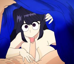 blowjob eye_contact hiding komi-san_wa_komyushou_desu komi_shouko looking_at_viewer on_bed tanjiro_basado