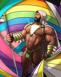 actor blitzturner bulge cape celebrity d.j._cotrona dc hood in_character jockstrap latino lgbt_pride male male_only melanin muscles muscular muscular_male pedro_pena posing pride_flag shazam!_(2019) shazam_(series) superhero