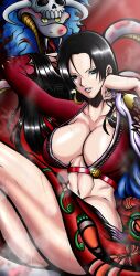 animal artist_request big_breasts black_hair blue_eyes boa_hancock dark_hair female female_only huge_breasts muscular_female one_piece open_mouth salome_(one_piece) straight_hair sweat sweating thick_thighs