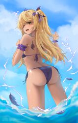 1girls ass bare_shoulders bikini blonde_hair blush breasts embarrassed eyepatch feathers female fischl_(genshin_impact) from_behind genshin_impact green_eyes hair_ribbon long_hair looking_at_viewer looking_back mysoda open_mouth shiny shiny_hair shiny_skin sideboob solo surprised swimsuit two_side_up very_long_hair water