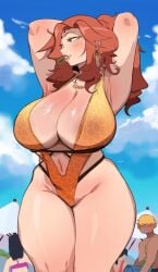 1girls 2022 armpits arms_behind_head arms_up breasts claudette_(lightsource) female female_only hips huge_breasts lightsource long_hair massive_breasts one-piece_swimsuit original original_character pool poolside red_hair slim_waist swimsuit thick_thighs thighs veiny_breasts water