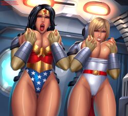 2boys 2girls ass_visible_through_thighs black_hair blonde_female blonde_hair cameltoe dc dc_comics diana_prince femsub gritted_teeth groping_breasts groping_from_behind karen_starr leotard maledom medium_hair moaning nipple_pinch nipple_tweak power_girl submissive_female svoidist sweat tagme thick_thighs tiara wonder_woman wonder_woman_(series)