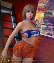 1girls 2022 3d amanda_(erotales) brown_hair clothed clothing depth_of_field dutch_angle erotales female female_only holding_object holding_smartphone indoors large_breasts light_brown_hair original_character shorts slushe_(website) smartphone solo solo_female standing