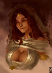 auburn_hair big_breasts brown_hair circlet cleavage closed_eyes dark_souls female female_only fromsoftware goddess gold_(metal) headwear jewelry natthelich painting_(artwork) queen_of_sunlight_gwynevere smile solo tiara upper_body veil