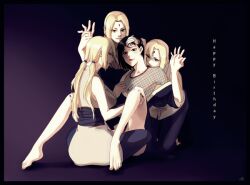 4girls bare_shoulders barefoot black_hair blonde_hair clone clones facial_mark female female_only fishnets forehead_mark hand_on_breast holding_hands kissing kissing_neck legs may_c_(lovemeiko) multiple_girls naruto naruto_(series) shizune short_hair simple_background sitting spread_legs teacher_and_student tsunade undressing undressing_another undressing_partner yuri