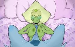 1futa 1girls areolae bed big_penis blue_hair blue_skin blush blushmallet breasts cartoon_network commission duo erection female female_focus futa_on_female futanari gem_(species) green_skin high-angle_view humanoid humanoid_penis k lapis_lazuli_(steven_universe) laying_on_bed looking_at_viewer nipples on_back paizuri penis peridot_(steven_universe) pov pubic_hair second-party_source smile steven_universe