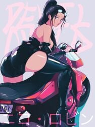 1girls absurd_res ass black_hair blue_eyes breasts female female_only hi_res large_breasts looking_back motorcycle nico_robin one_piece opalisart post-timeskip short_shorts shorts solo thighhighs thighs