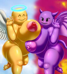 2d 2girls 5_fingers angel angel_emoji angel_girl angel_wings areola areolae bald bald_female big_breasts black_eyes bottomless bottomless_female breasts busty chubby chubby_female demon demon_girl demon_horns demon_tail demon_wings devil_emoji emoji emoji_(race) emoji_demon emoji_devil feathered_wings female fingers gotobeido hairless halo hips horns hourglass_figure huge_breasts human humanoid knees large_breasts legs light-skinned_female light_skin lips looking_at_viewer mature multiple_girls muscle muscular nails navel nipples nude nude_female original purple-skinned_female purple_body purple_skin shiny shiny_skin smile smiling smiling_at_viewer source tail thick thick_legs thick_thighs thighs top_heavy topless topless_female upper_body voluptuous waist wide_hips yellow-skinned_female yellow_body yellow_skin