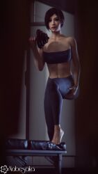 1girls 3d ada_wong ada_wong_(adriana) black_hair capcom exercise female female_only fit fit_female fitness fully_clothed hand_on_leg leggings nabesakarenders resident_evil resident_evil_2 resident_evil_2_remake solo sports_bra thighs weightlifting weights workout yoga_pants