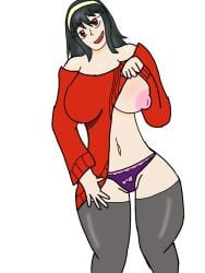 alberto_pk big_breasts black_hair nipples panties red_eyes red_sweater spy_x_family stockings yor_briar yor_forger