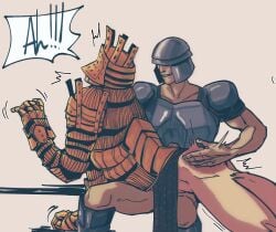 2boys armor ass_blush bare_ass bondage bottomless chosen_undead dark_souls english_text fromsoftware gay helmet knight knight_lautrec_of_carim lying_on_person male male_only on_stomach raspaindulgence sitting smile smirk spanking speech_bubble yaoi