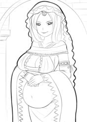 bare_shoulders big_breasts boob_window cleavage dark_souls deity detached_sleeves female female_only fromsoftware goddess headwear looking_at_viewer monochrome pregnant queen_of_sunlight_gwynevere saberrung sketch smile solo veil