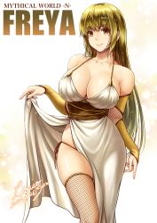 1girls big_breasts blonde_hair bridal_gauntlets cleavage crown english_text female female_only fishnet_thighhighs fishnets freya_(norse_mythology) goddess headband hourglass_figure lioreo long_hair looking_at_viewer norse_mythology original side-tie_panties side_slit simple_background smile solo text thick_thighs thighhighs wide_hips yellow_eyes zettai_ryouiki