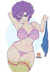 1girls armpits beauty_mark big_breasts blue_eyes bokuman bra breasts cameltoe cleavage curvaceous dragon_ball dragon_ball_(classic) dragon_ball_z female female_only hands_behind_head large_breasts lingerie lipstick looking_at_viewer picot_trim picot_trim_bra purple_hair ranfan simple_background skindentation solo standing thick_thighs thighhighs thong undressing watermark white_background