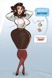 1girls barely_contained big_breasts bioshock bioshock_infinite black_hair blue_eyes breasts brown_hair burial_at_sea bursting_breasts busty clothing curvy dark_hair dialogue elizabeth_comstock english_text female female_only hourglass_figure hugotendaz legs light-skinned_female light_skin lips lipstick mature mature_female red_lips red_lipstick solo text thick thick_legs thick_thighs thighs