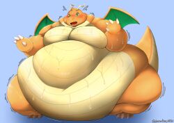 2022 absurd_res ambiguous_gender anthro belly big_belly bodily_fluids claws dragonite hi_res membrane_(anatomy) membranous_wings morbidly_obese morbidly_obese_ambiguous morbidly_obese_anthro motion_lines nintendo obese obese_ambiguous obese_anthro overweight overweight_ambiguous overweight_anthro pokémon_(species) pokemon pokemon_(species) senakun0530 simple_background solo standing sweat sweatdrop video_games wings