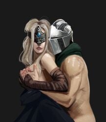 1boy 1girls ashen_one blonde_hair breast_grab breasts_out clothed_female_nude_male dark_souls dark_souls_3 elbow_gloves eyes_covered female fingerless_gloves fire_keeper from_behind fromsoftware gloves grabbing_from_behind groping groping_from_behind helmet ialmar_art knight long_hair male masked_male medium_breasts nude_male off_shoulder painting_(artwork) scarf topless_male upper_body