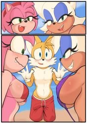 1boy 2girls amy_rose anthro beach bedroom_eyes bikini blush bulge comic fangs miles_tails_prower older_female pinkfalcon rouge_the_bat sling_bikini sonic_(series) staring swim_trunks swimsuit younger_male