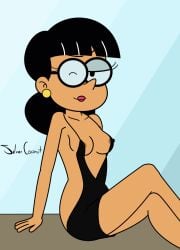 black_dress breasts dress judy_zhau looking_at_viewer milf nickelodeon nipples partially_clothed silvercoconut stella's_mom the_loud_house wink winking winking_at_viewer