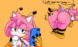 amy_rose bee_girl blowjob dialogue pink_fur pink_hair retromander selfie small_breasts sonic_(series)